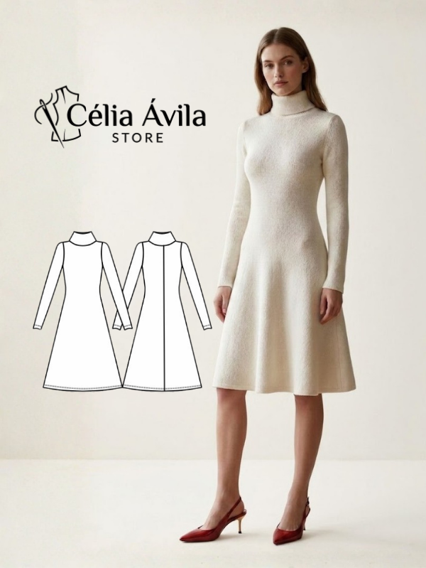 Molde Digital: Vestido de Malha Evasê com Gola Rolê