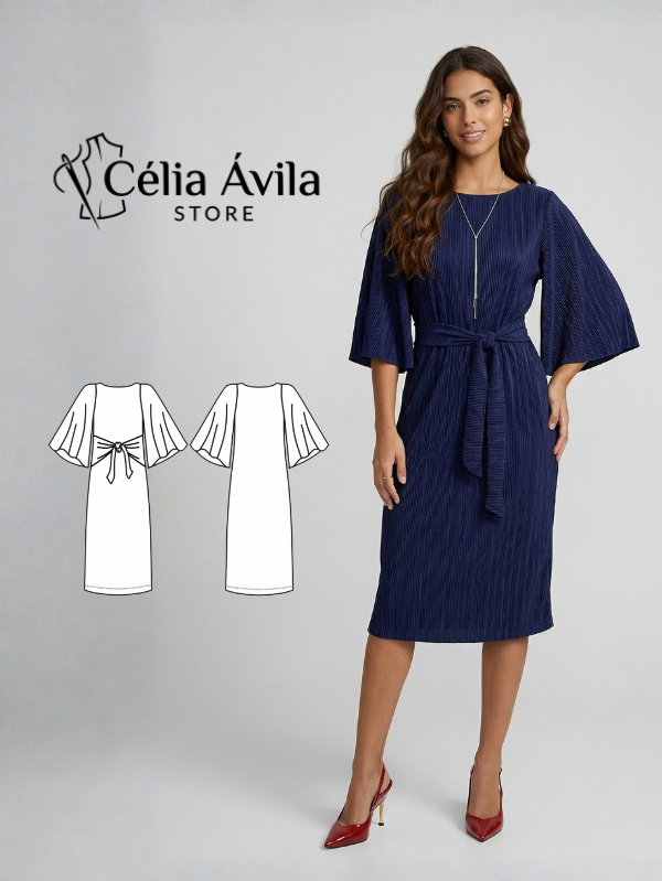 Molde Digital: Vestido de Malha com Decote Canoa e Manga Godê