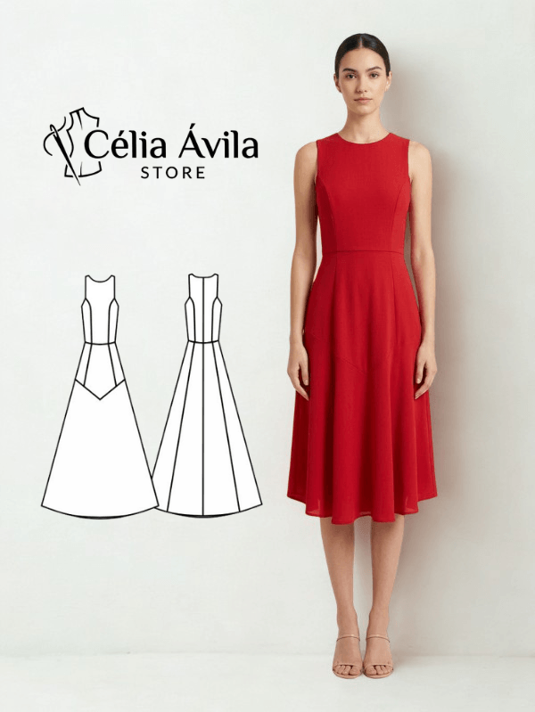 Molde Digital: Vestido MIDI Com Cava Quadrada E Babado Godê Na Frente