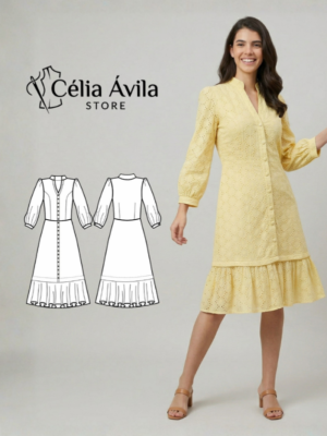 Molde Digital: Vestido Midi Evasê com Gola Militar