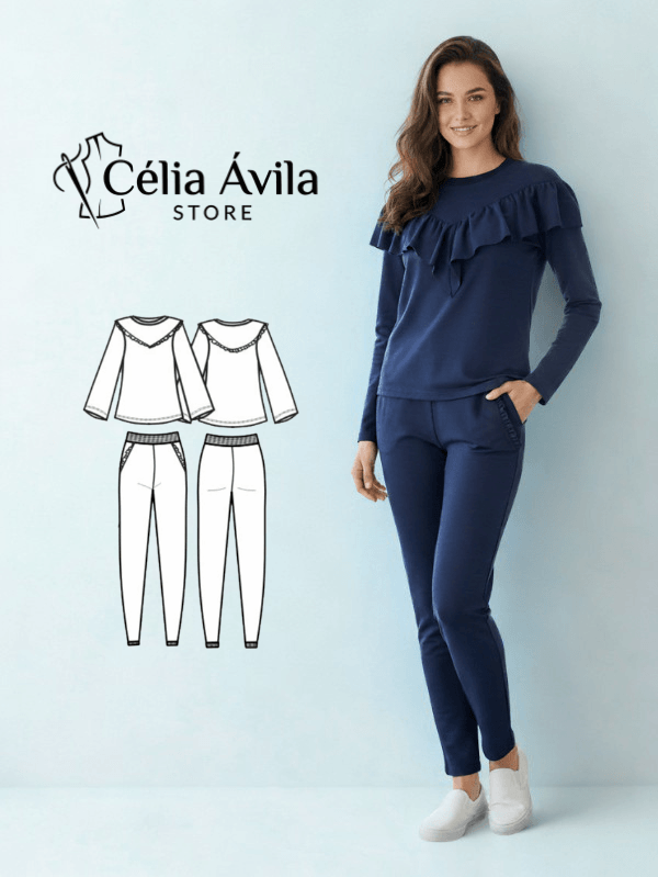 Molde Digital: Conjunto De Malha Calça Jogger E Blusa Com Babado