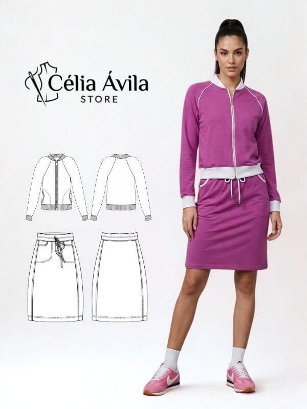 Molde Digital: Conjunto Rosa (Jaqueta Bomber E Saia)
